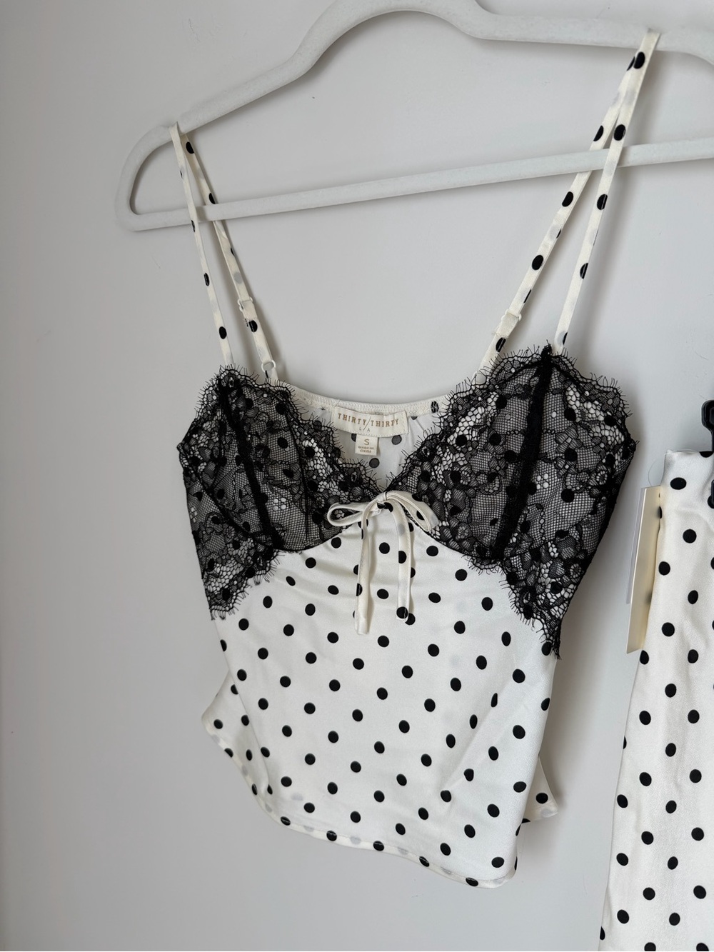 Cream black Polka Dot midi Skirt and tank top two piece Set with Lace Trim - Picture 6 of 8